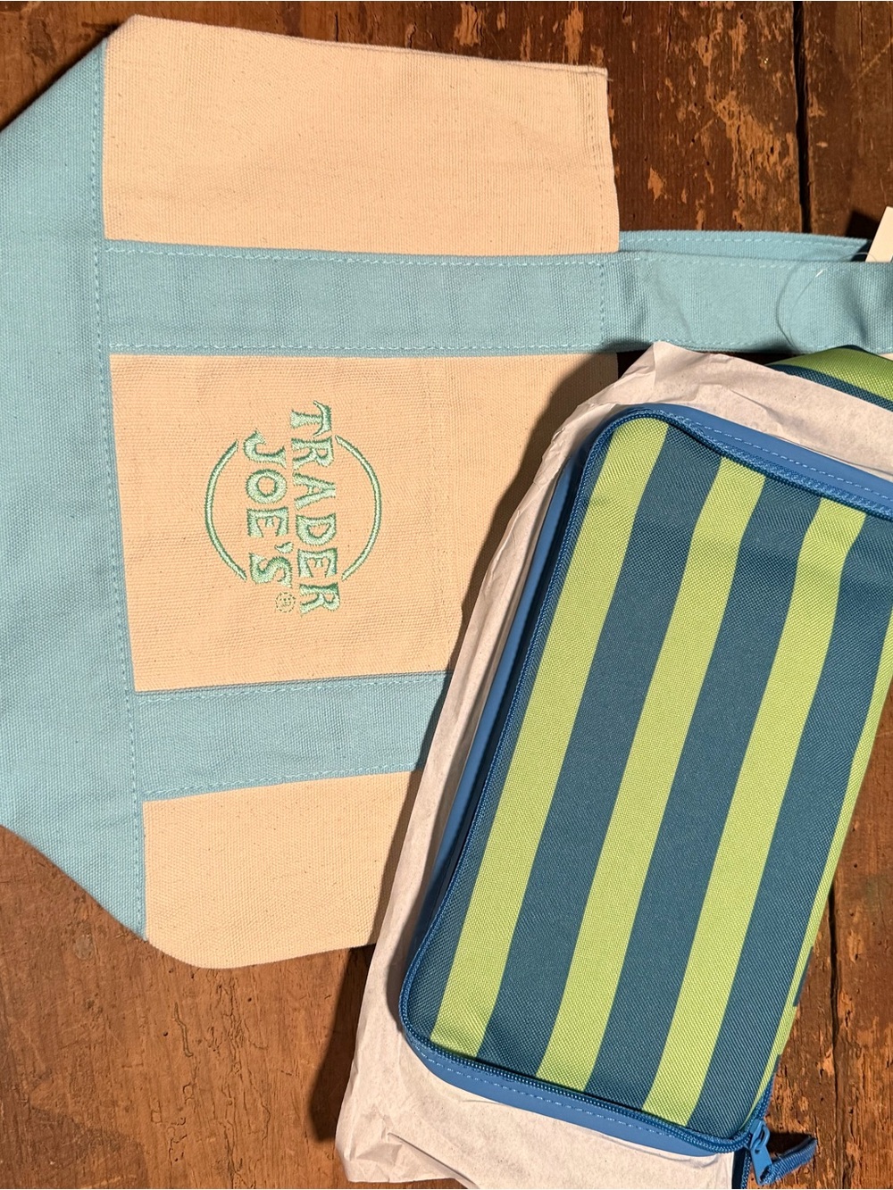 Trader Joes Mini Tote Bag  blue and one green insulated bag bundle